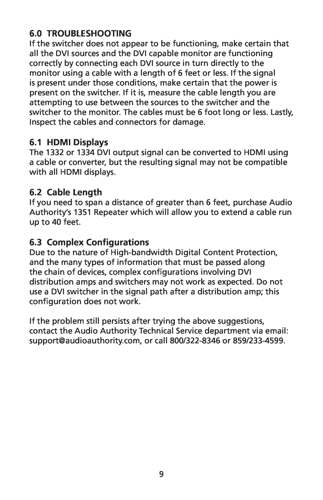Audio Authority 1332, 1334 user manual Troubleshooting, HDMI Displays, Cable Length, Complex Configurations 