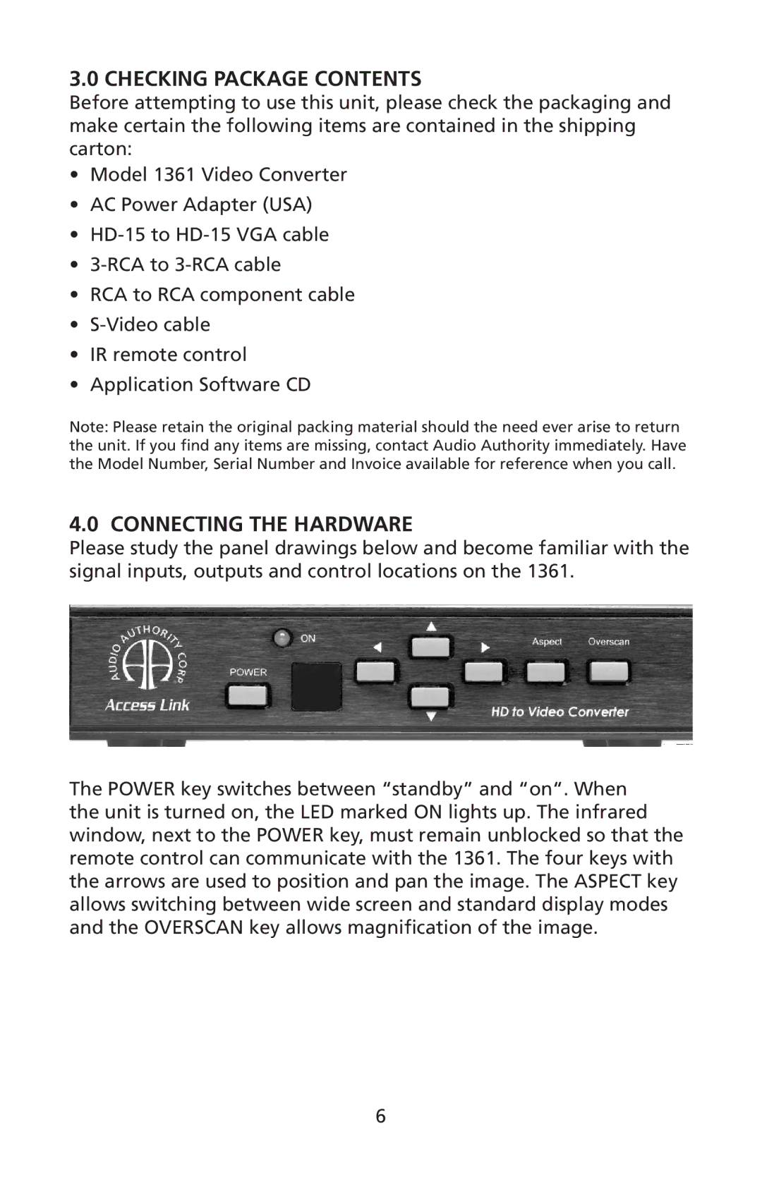 Audio Authority 1361 user manual Checking Package Contents, Connecting the Hardware 