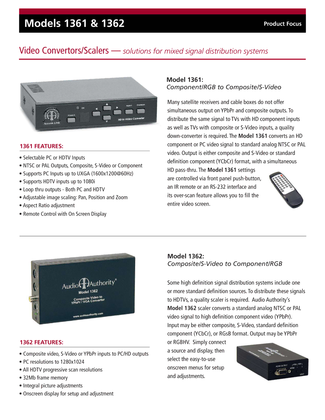 Audio Authority 1362 manual Component/RGB to Composite/S-Video, Composite/S-Video to Component/RGB 