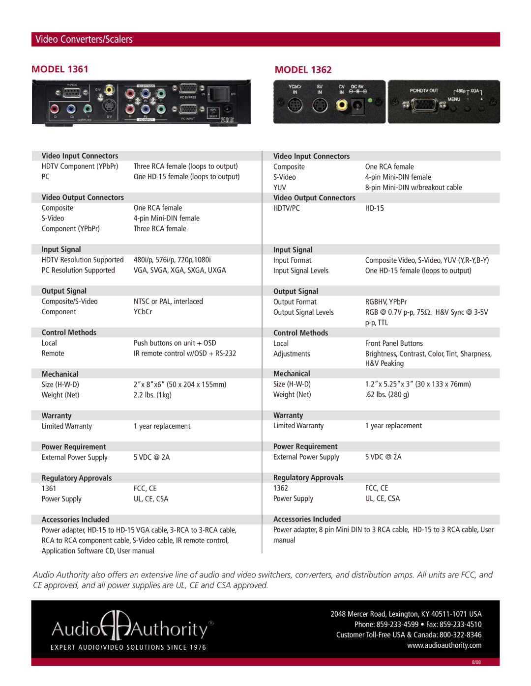 Audio Authority 1362 manual Video Input Connectors, Input Signal, Output Signal, Control Methods, Mechanical, Warranty 