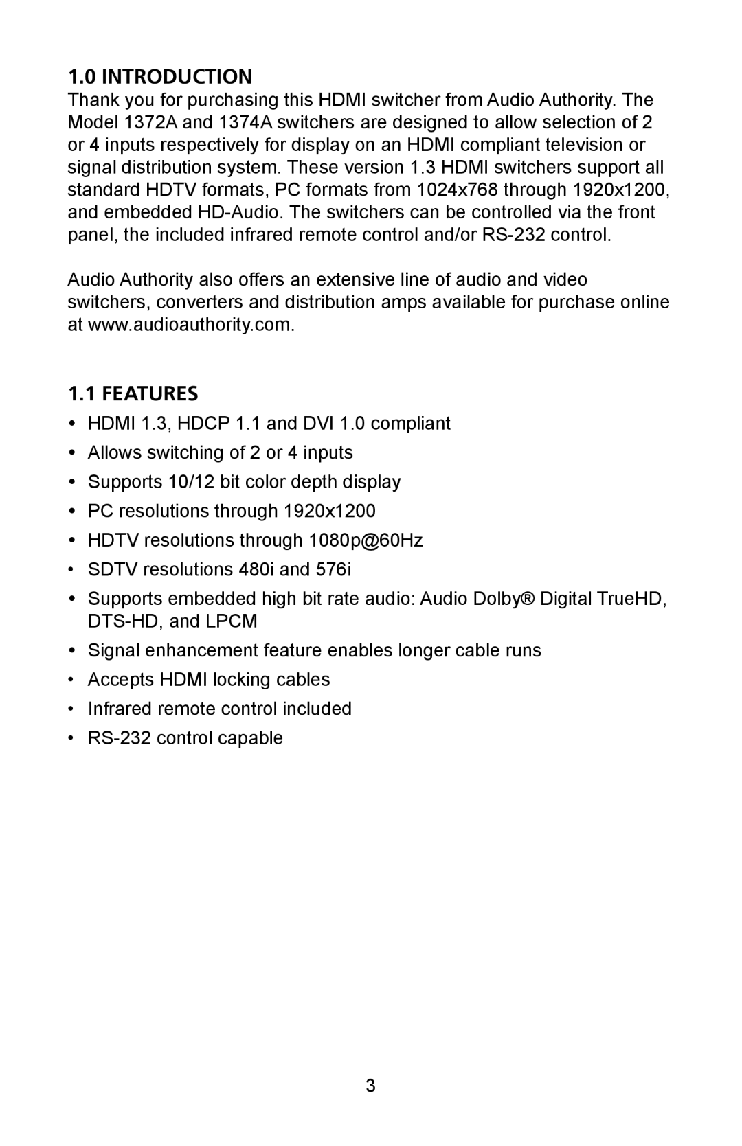 Audio Authority 1372A user manual Introduction, Features 