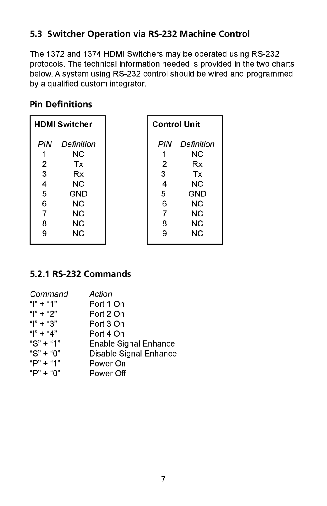 Audio Authority 1372A user manual Switcher Operation via RS-232 Machine Control, Pin Definitions, 1 RS-232 Commands 