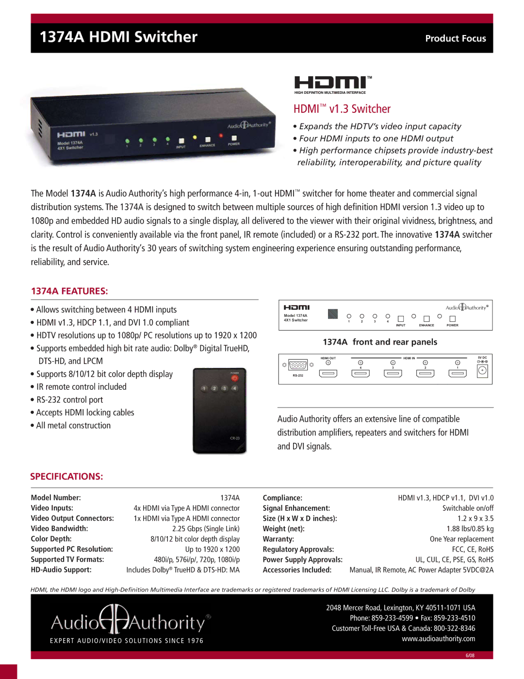 Audio Authority specifications 1374A Hdmi Switcher, Hdmi v1.3 Switcher, 1374A Features, Specifications 