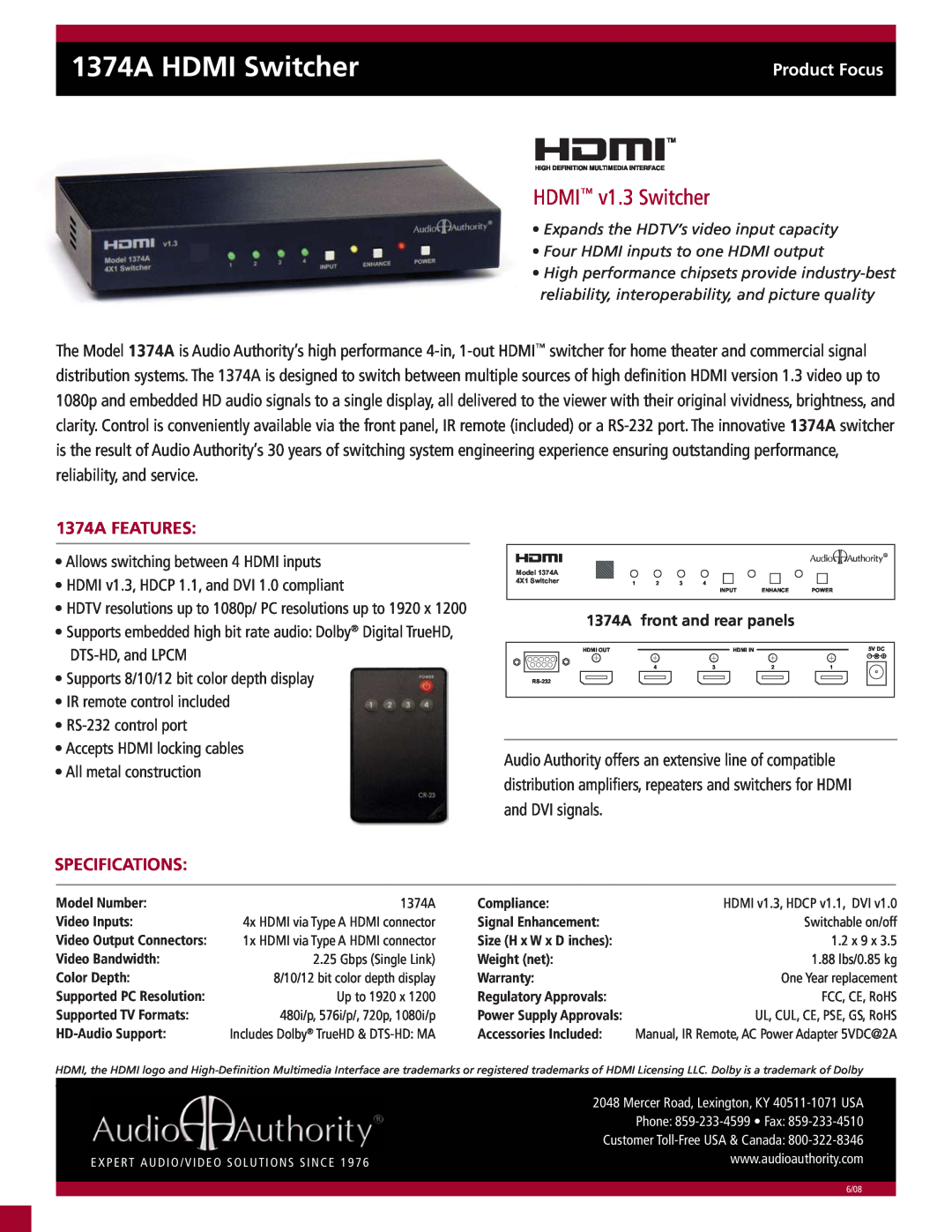 Audio Authority specifications 1374A HDMI Switcher, HDMI v1.3 Switcher, Product Focus, 1374A FEATURES, Specifications 
