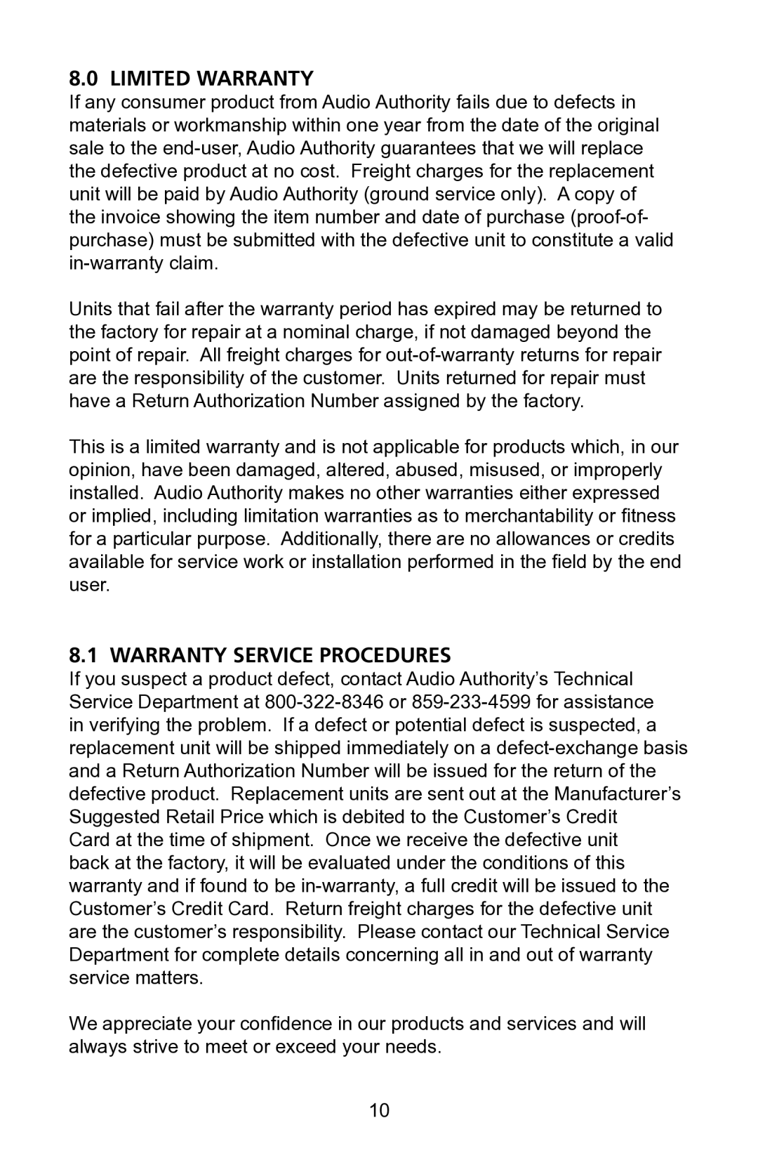 Audio Authority 1385 user manual Limited Warranty, Warranty Service Procedures 