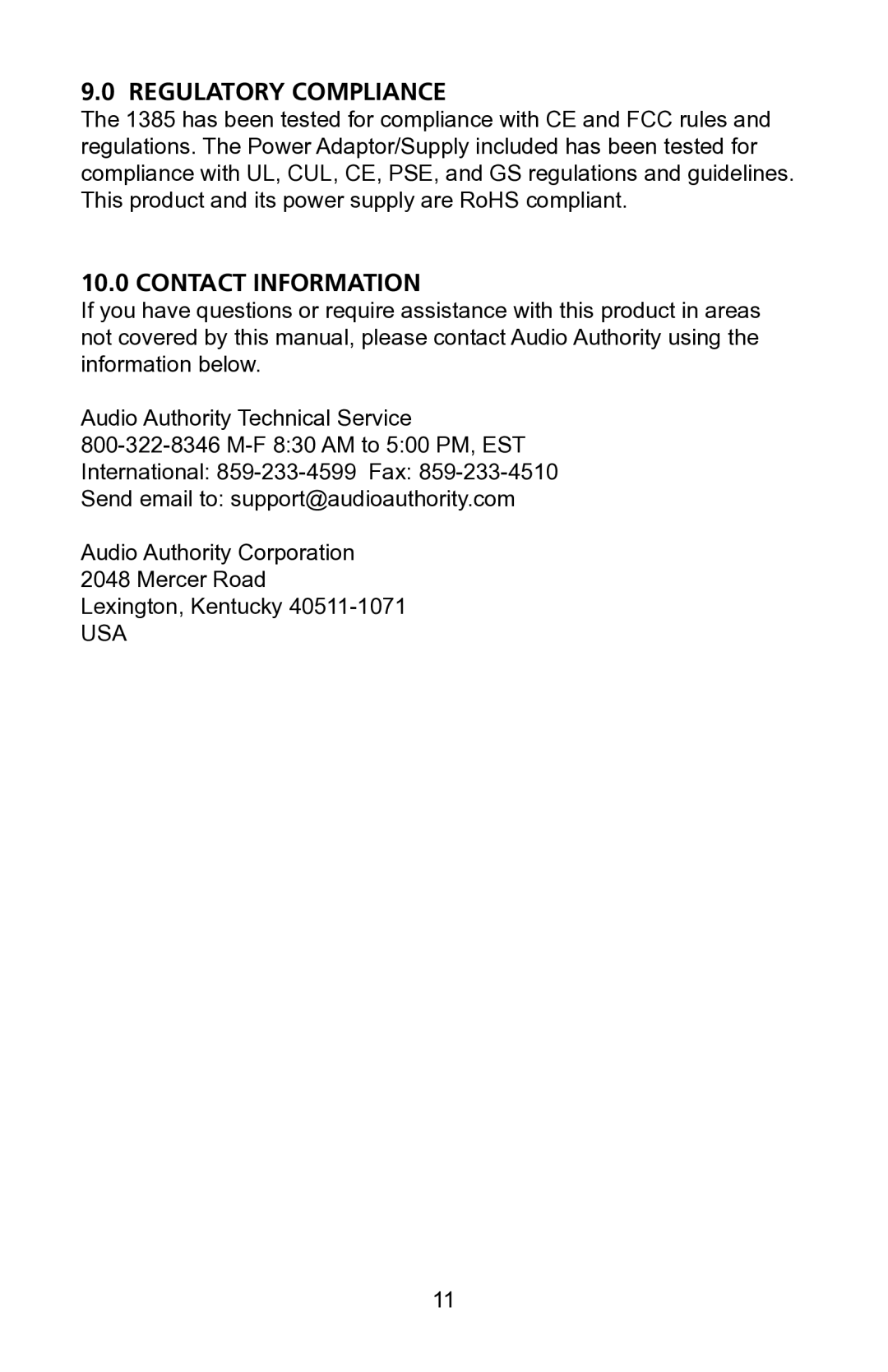 Audio Authority 1385 user manual Regulatory Compliance, Contact Information 