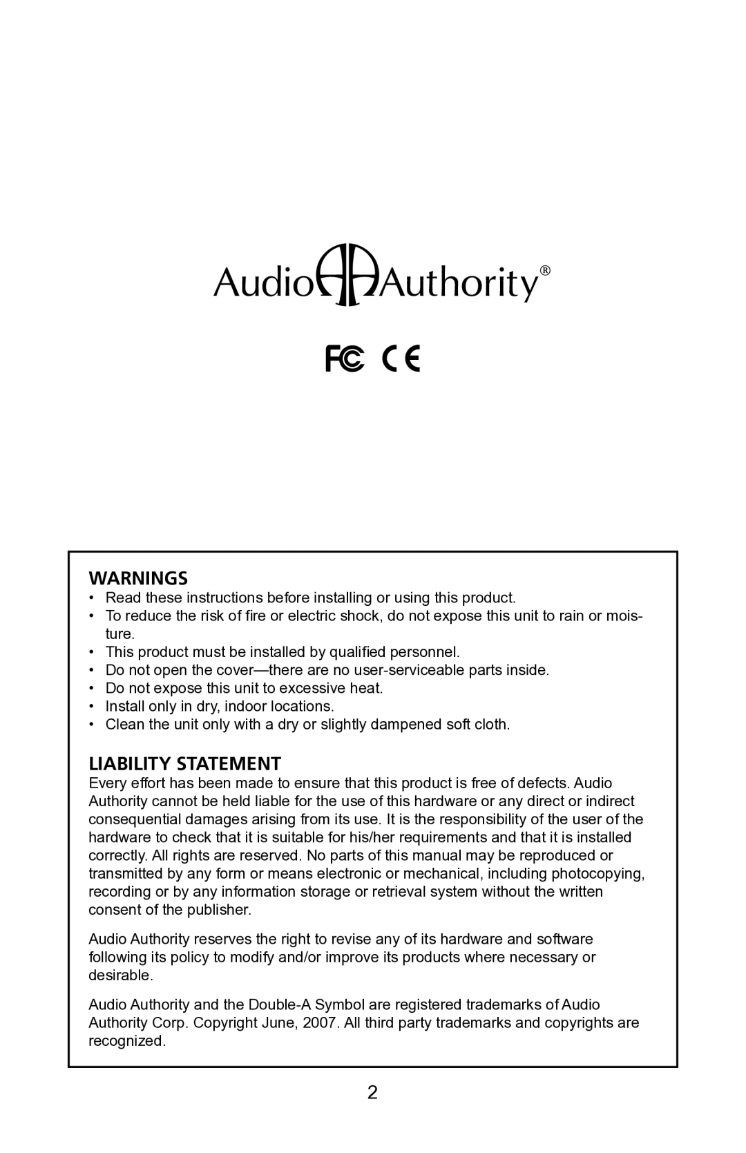 Audio Authority 1385 user manual Liability Statement 