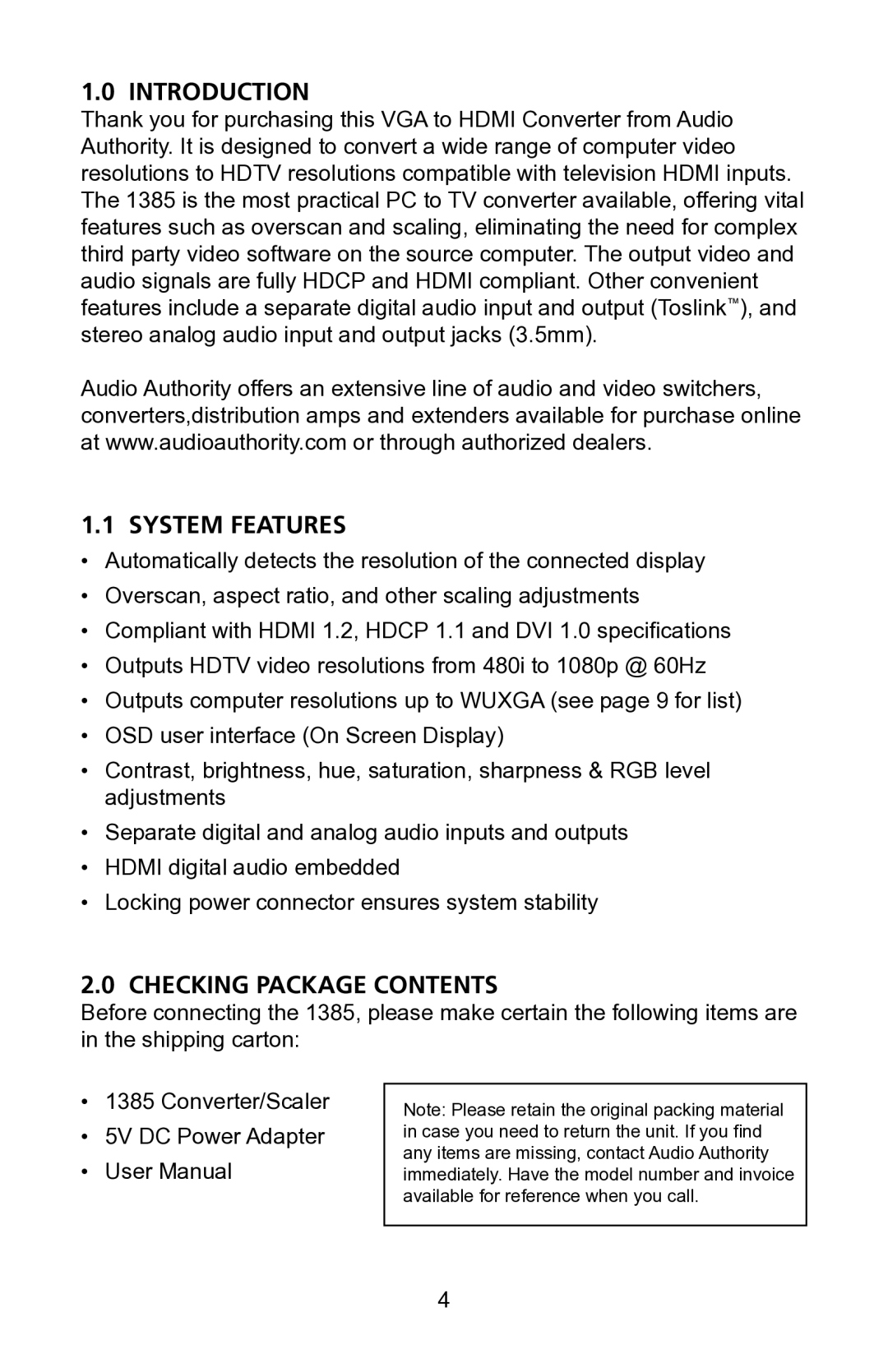 Audio Authority 1385 user manual Introduction, System Features, Checking Package Contents 