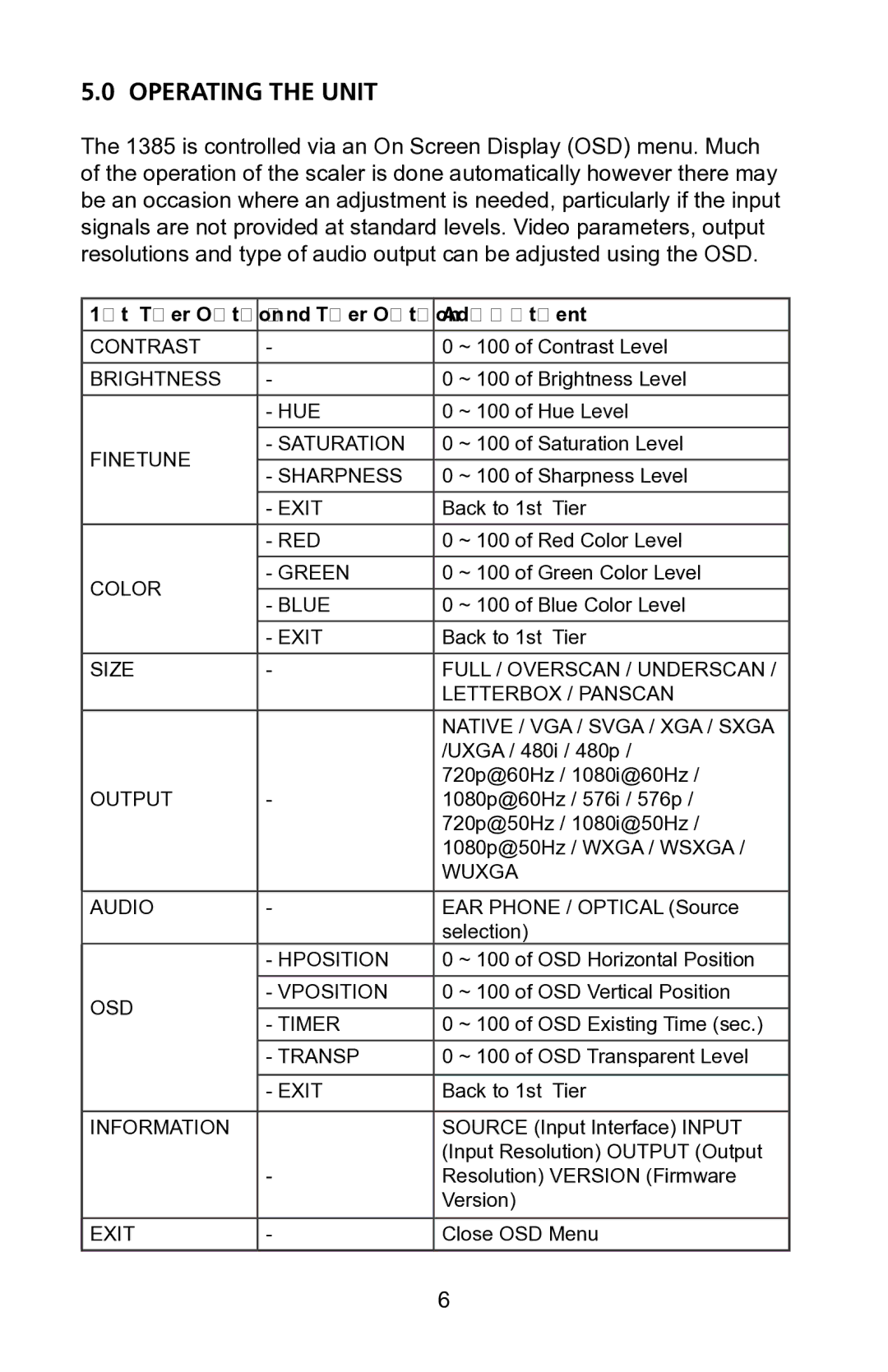 Audio Authority 1385 user manual Operating the Unit, 1st Tier Option 2nd Tier Option Adjustment 