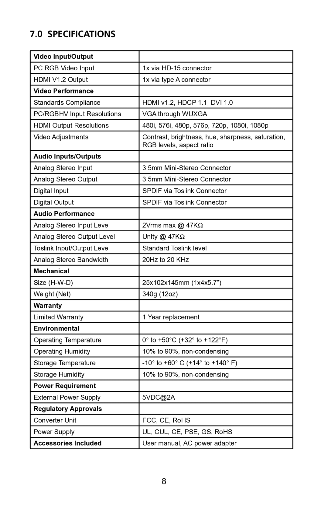 Audio Authority 1385 user manual Specifications, Video Performance 