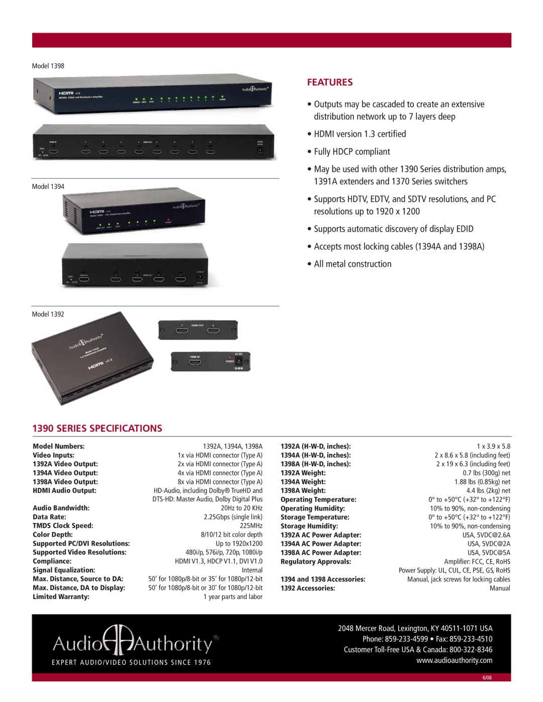 Audio Authority 1390A Series manual Features, Series Specifications 