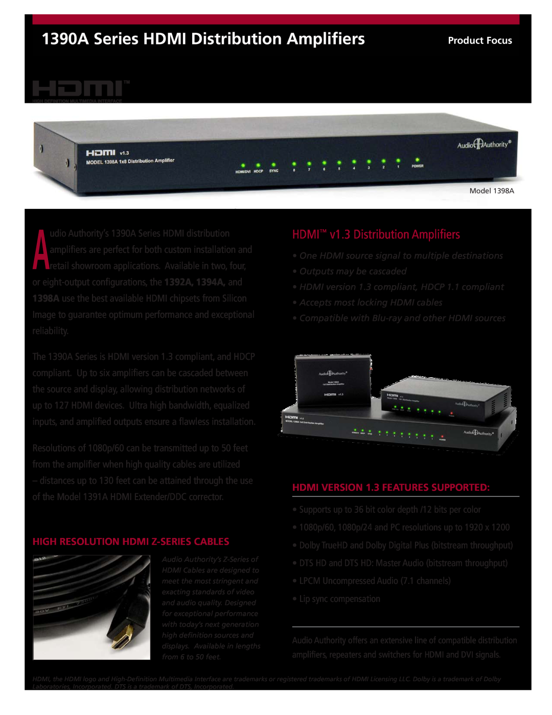 Audio Authority 1390A Series manual High Resolution Hdmi Z-Seriescables, HDMI VERSION 1.3 FEATURES SUPPORTED 