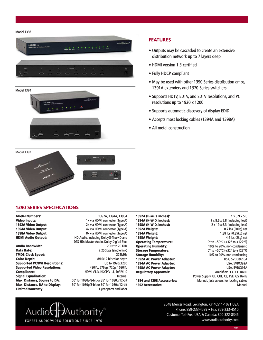 Audio Authority 1390A Series Features, Series Specifications, Model Model Model, Mercer Road, Lexington, KY 40511-1071USA 