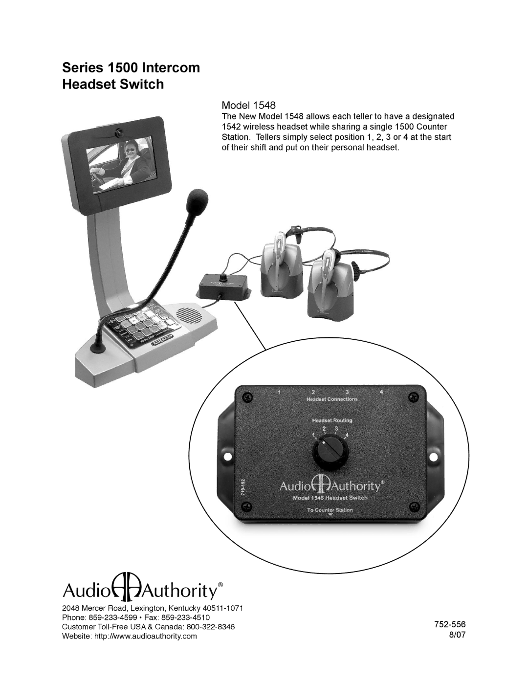 Audio Authority 1548 manual Series 1500 Intercom Headset Switch, Model 