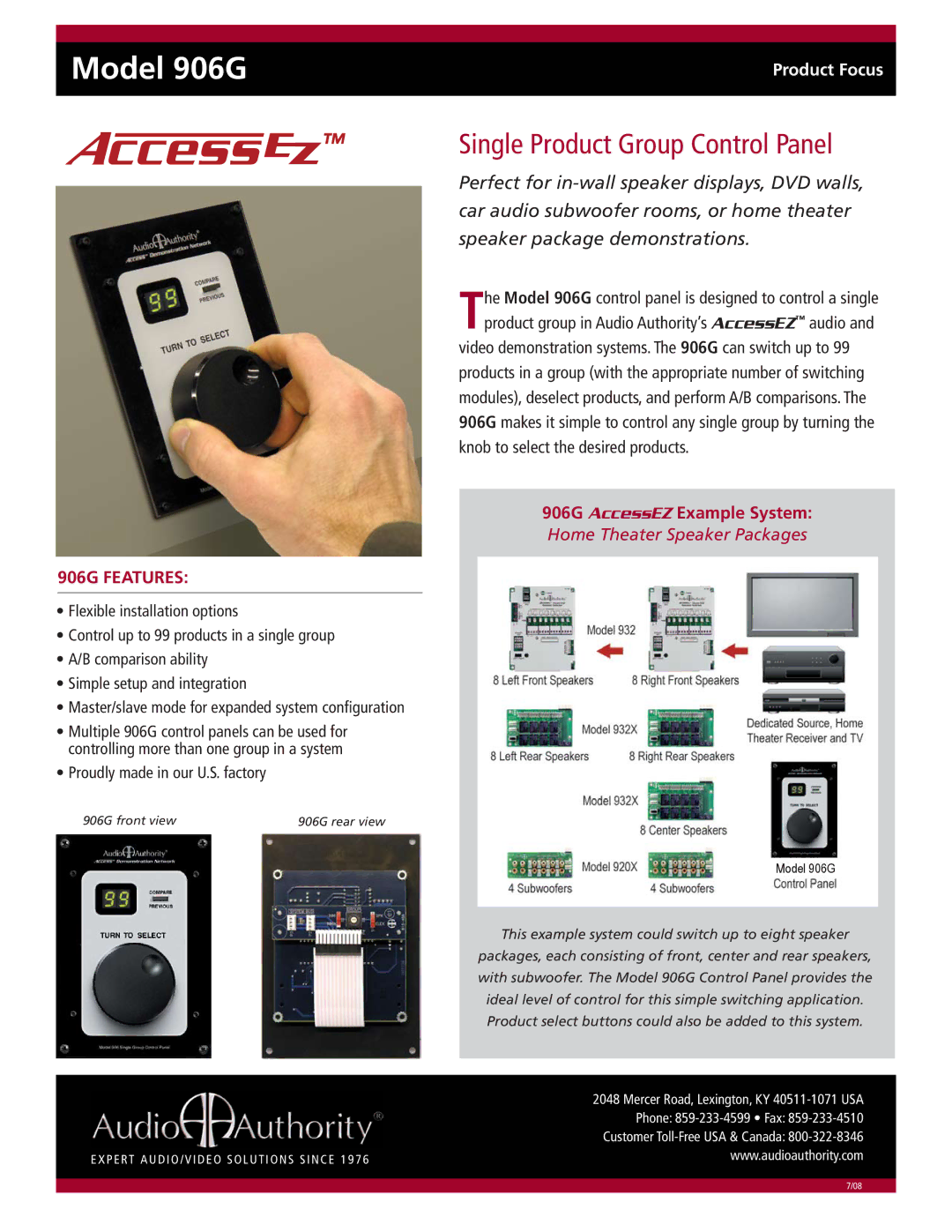 Audio Authority manual Model 906G, Single Product Group Control Panel, 906G Features, 906G AccessEZ Example System 