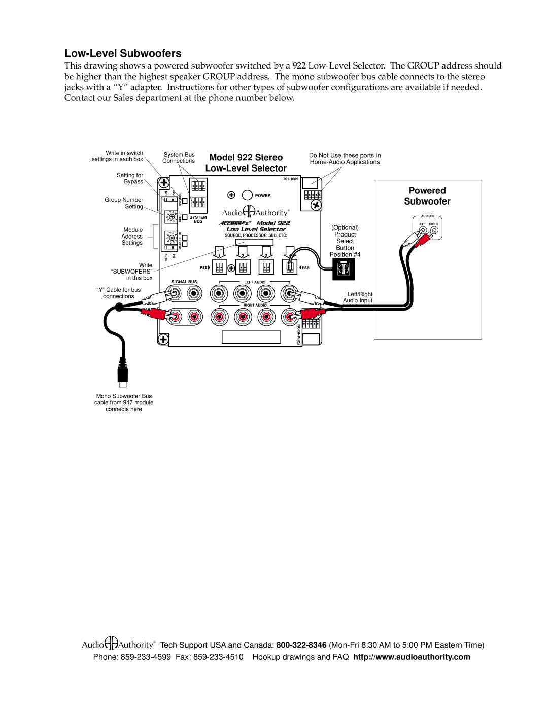 Audio Authority manual Asd, Low-Level Subwoofers, Powered Subwoofer, Model 922 Stereo, Low-Level Selector 