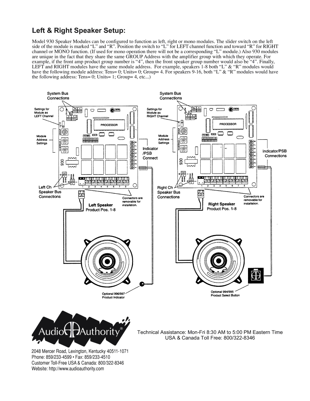 Audio Authority 930 manual Left & Right Speaker Setup 