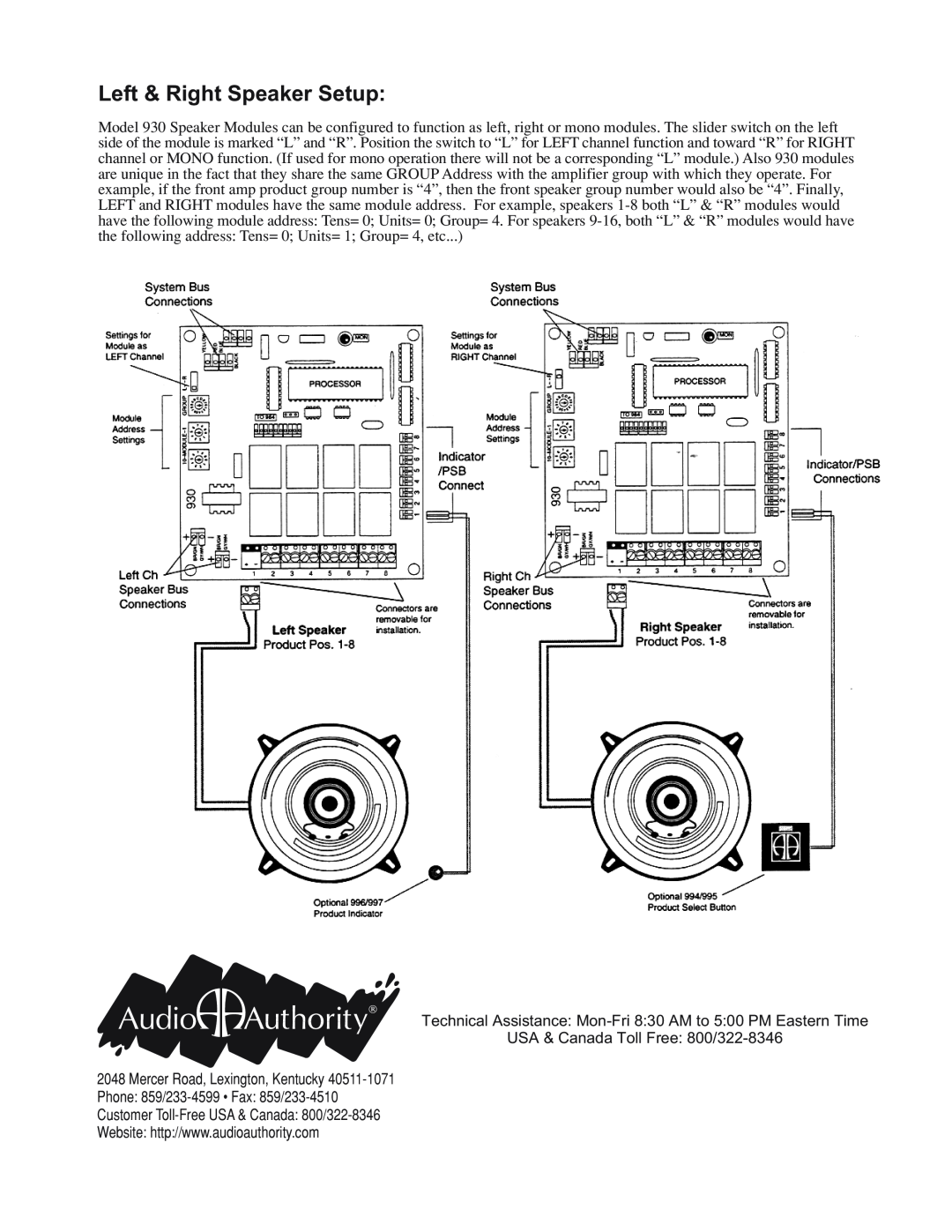Audio Authority 930 manual Left & Right Speaker Setup, USA & Canada Toll Free 800/322-8346 