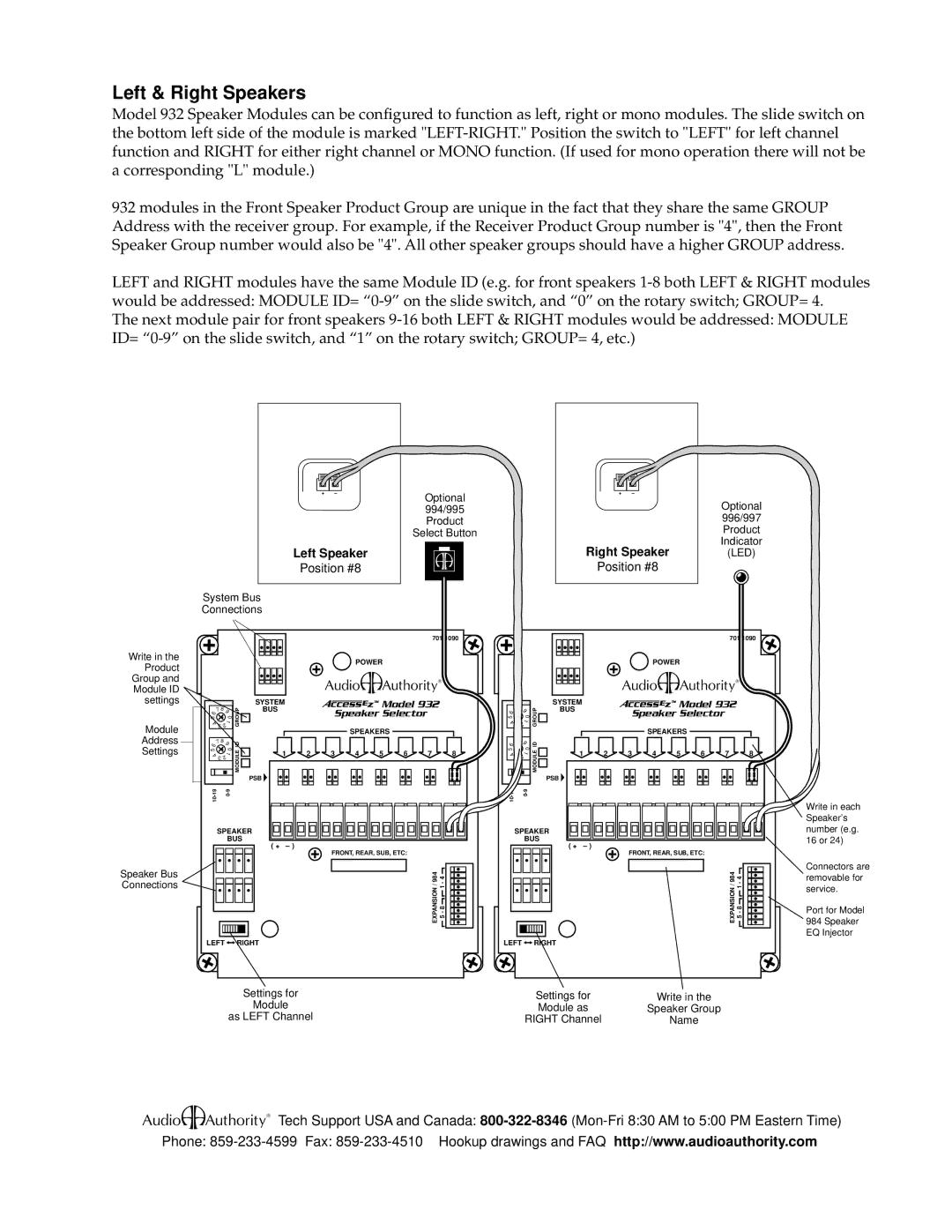 Audio Authority 932 manual Left & Right Speakers, Model, Speaker Selector 