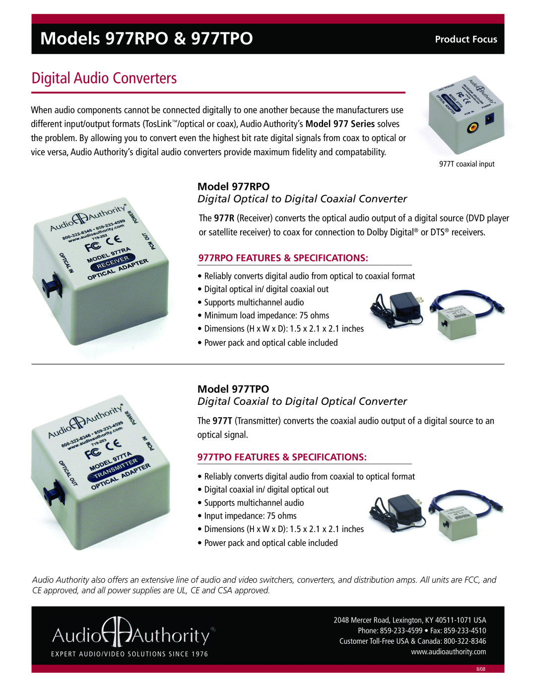 Audio Authority specifications Models 977RPO & 977TPO, Digital Audio Converters, Model 977RPO, Model 977TPO 
