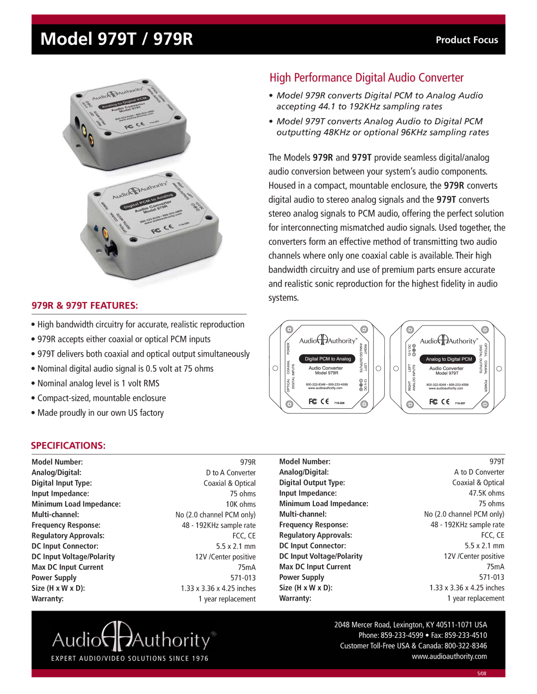 Audio Authority specifications Model 979T / 979R, High Performance Digital Audio Converter, Specifications 