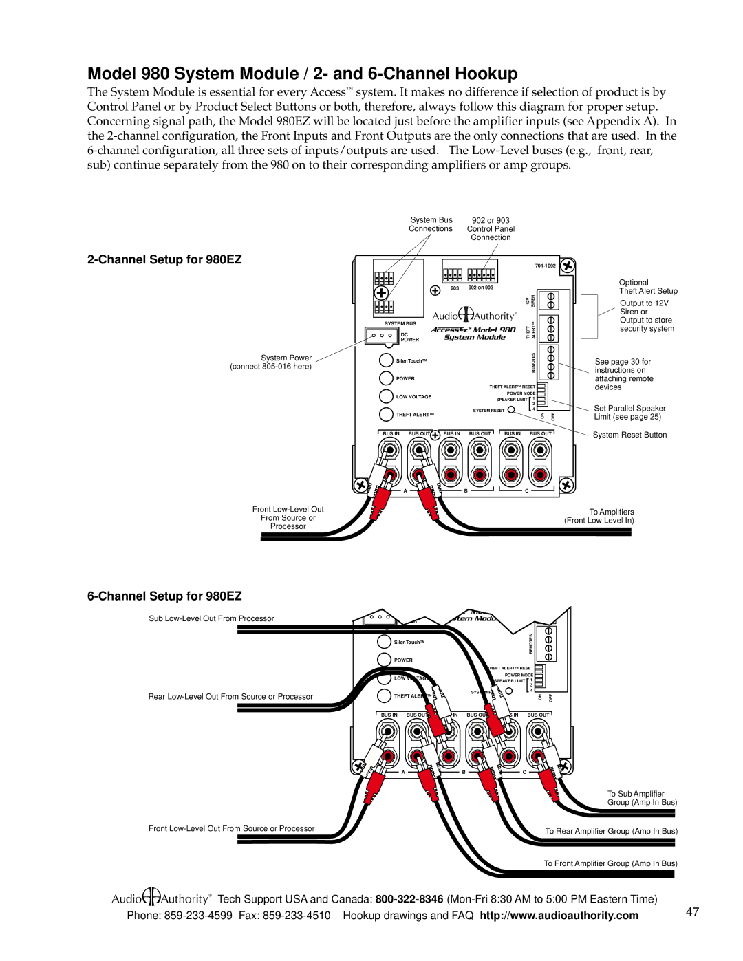 Audio Authority appendix Model 980 System Module / 2- and 6-Channel Hookup, Asd, Channel Setup for 980EZ 