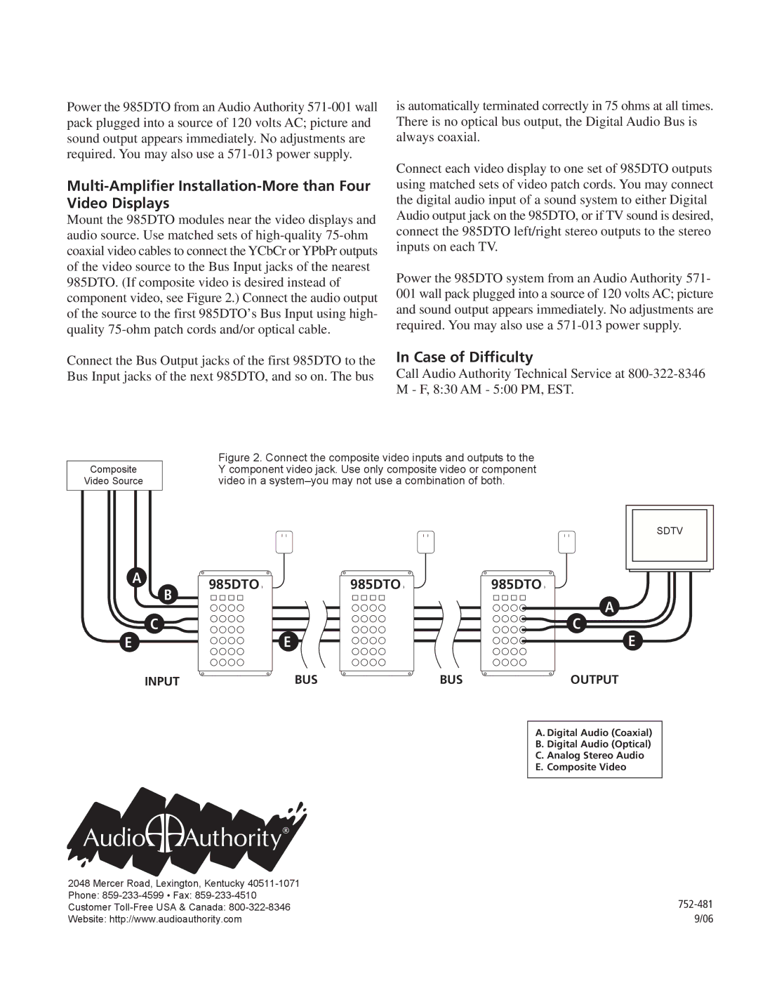 Audio Authority 985DTO manual Multi-Amplifier Installation-More than Four Video Displays, Case of Difficulty, Busbus 