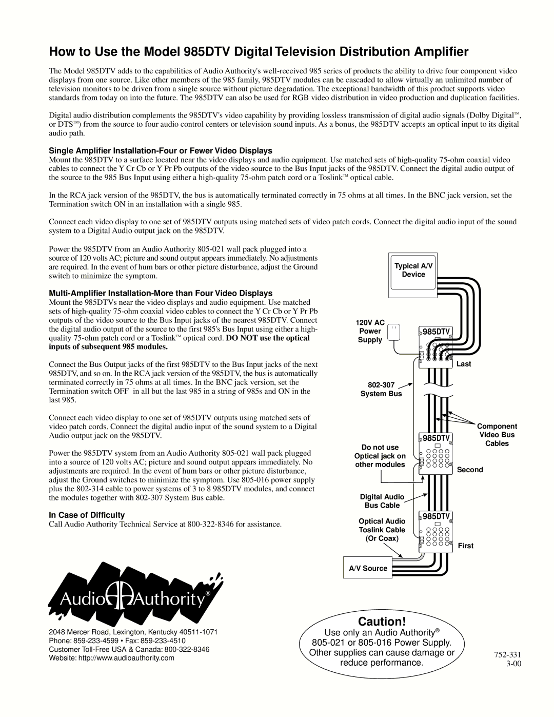 Audio Authority 985DTV manual Single Amplifier Installation-Four or Fewer Video Displays, Inputs of subsequent 985 modules 