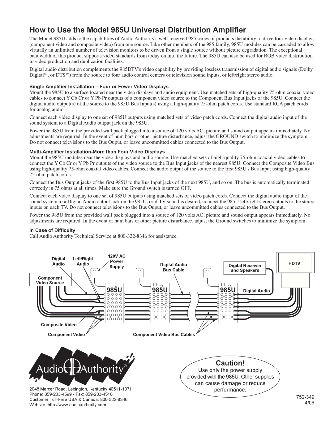 Audio Authority manual How to Use the Model 985U Universal Distribution Amplifier 