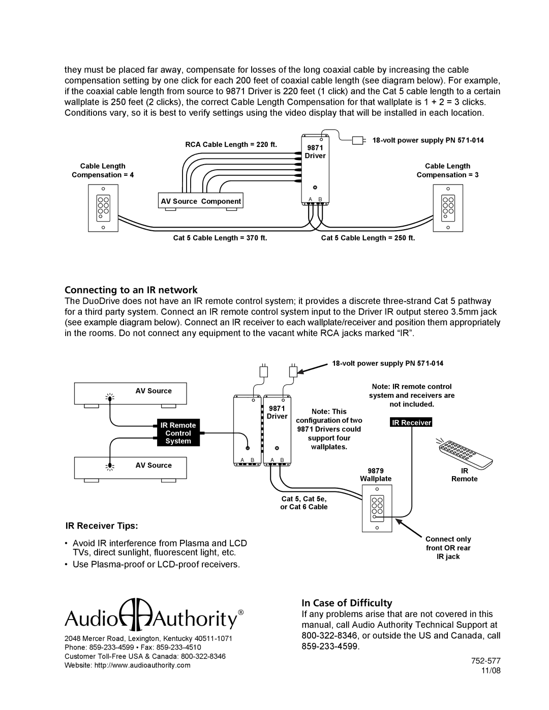 Audio Authority 9879, 9870D user manual Connecting to an IR network, Case of Difficulty 