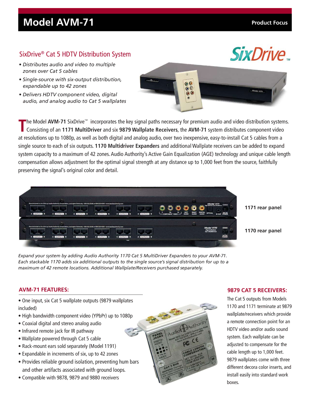 Audio Authority manual Model AVM-71, SixDrive Cat 5 Hdtv Distribution System, AVM-71 Features, CAT 5 Receivers 