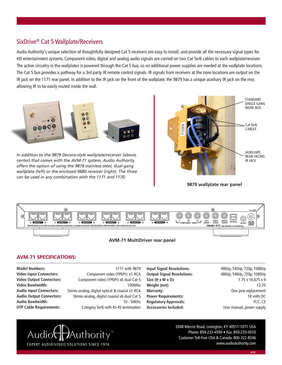 Audio Authority manual SixDrive Cat 5 Wallplate/Receivers, AVM-71 Specifications, Fcc, Ce 