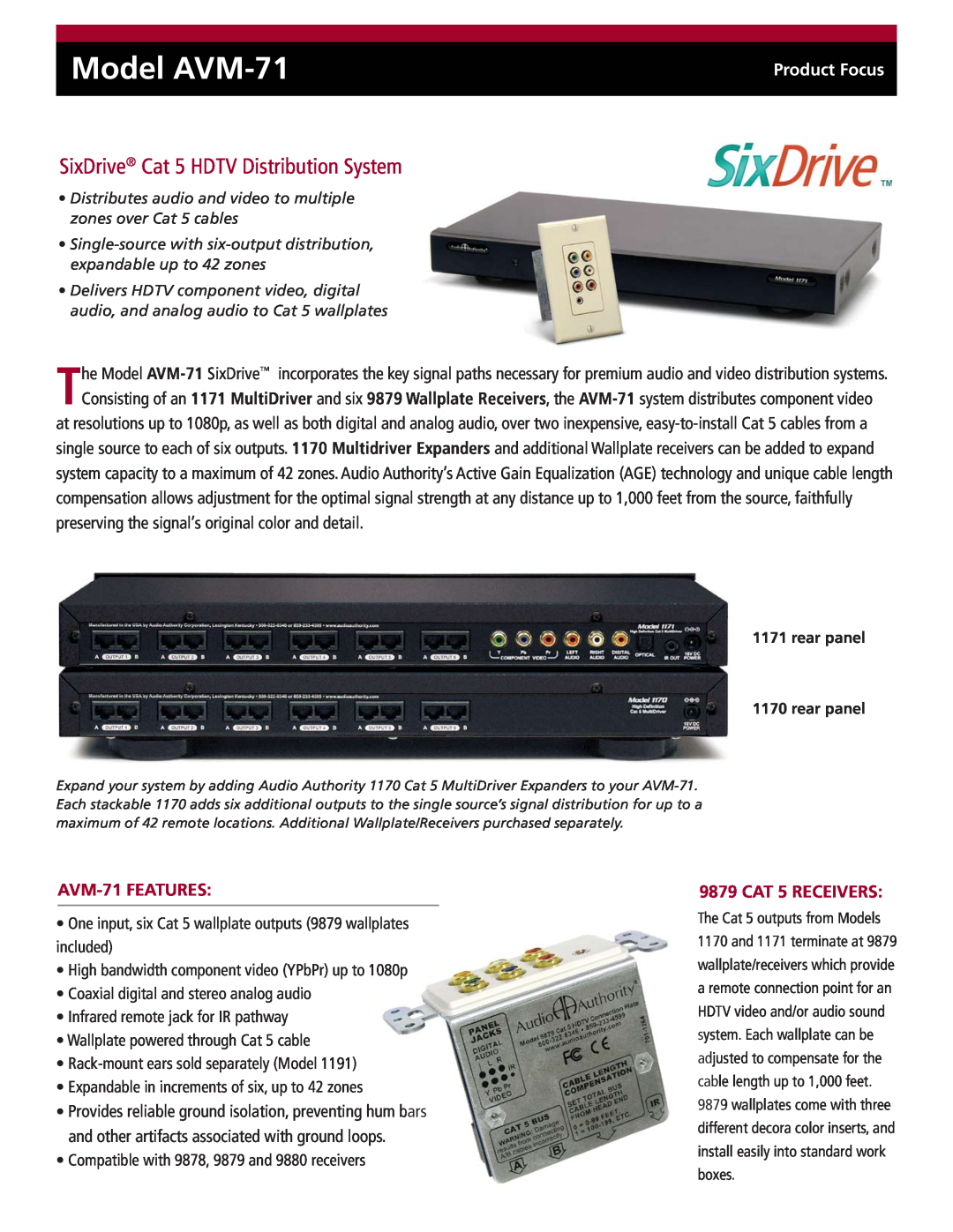 Audio Authority manual SixDrive Cat 5 HDTV Distribution System, AVM-71FEATURES, CAT 5 RECEIVERS, Model AVM-71 