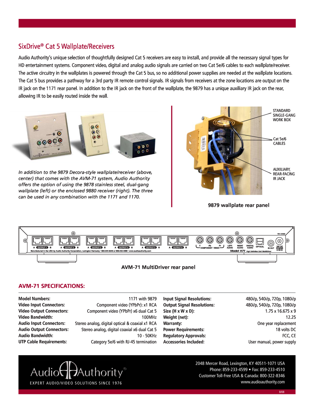 Audio Authority manual SixDrive Cat 5 Wallplate/Receivers, AVM-71SPECIFICATIONS, wallplate rear panel 