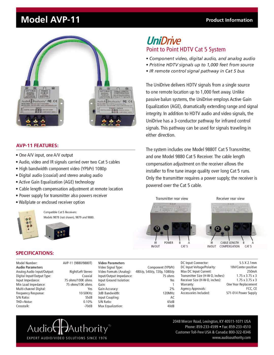 Audio Authority specifications Model AVP-11, Point to Point Hdtv Cat 5 System, AVP-11 Features, Specifications 