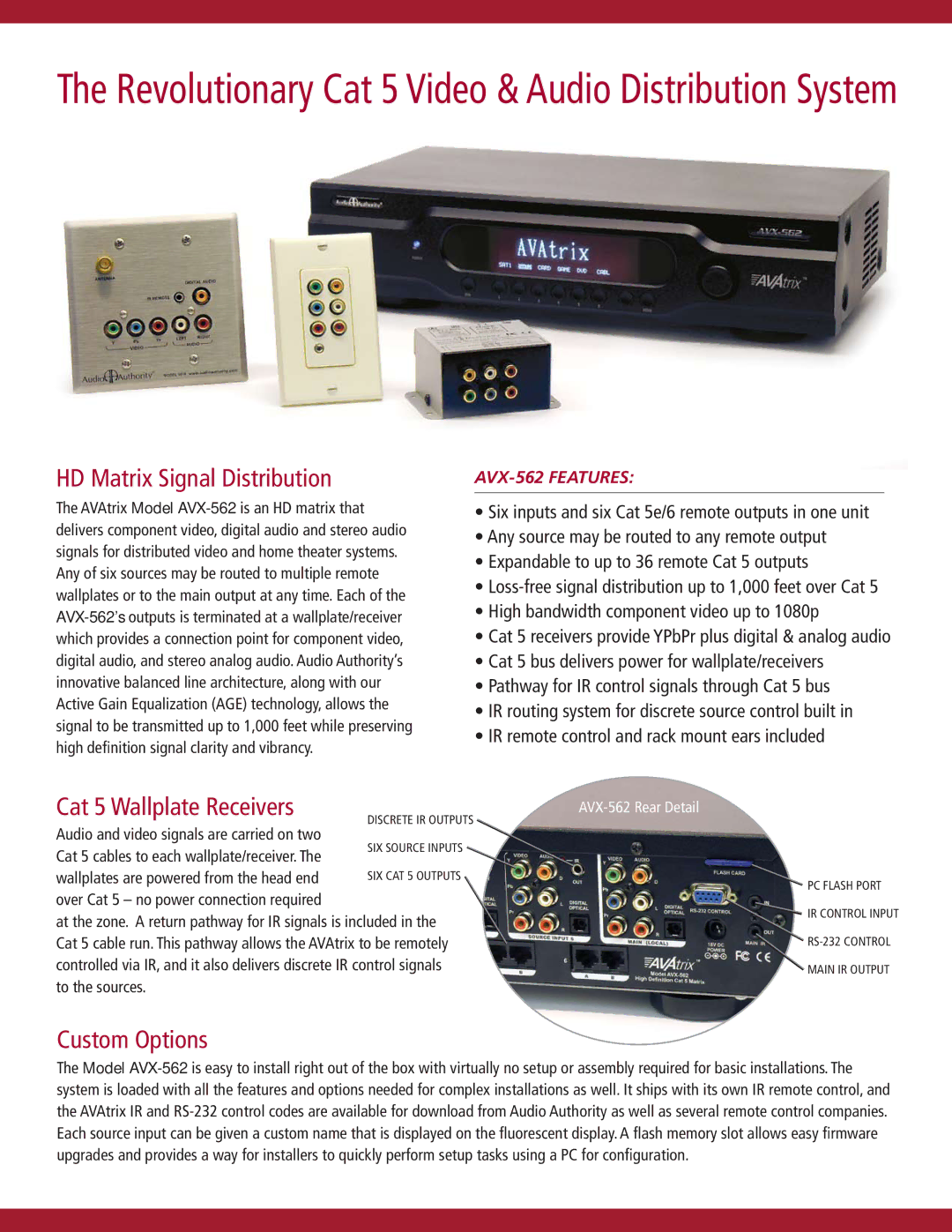 Audio Authority AVX-562 manual HD Matrix Signal Distribution, Cat 5 Wallplate Receivers, Custom Options 