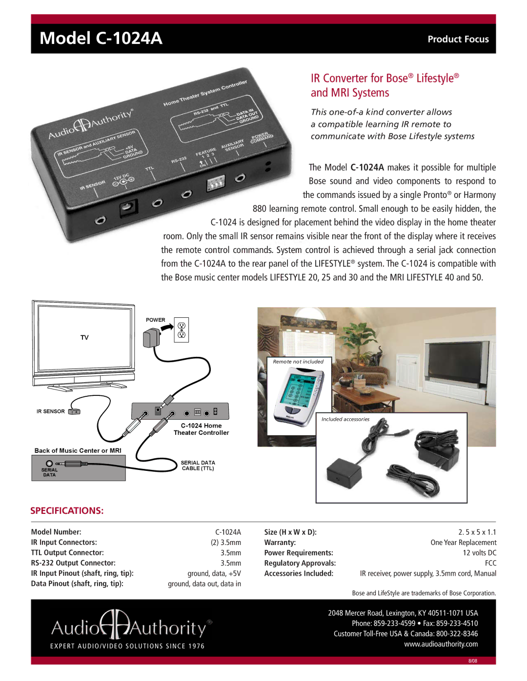 Audio Authority specifications Model C-1024A, IR Converter for Bose Lifestyle and MRI Systems, Specifications, Fcc 