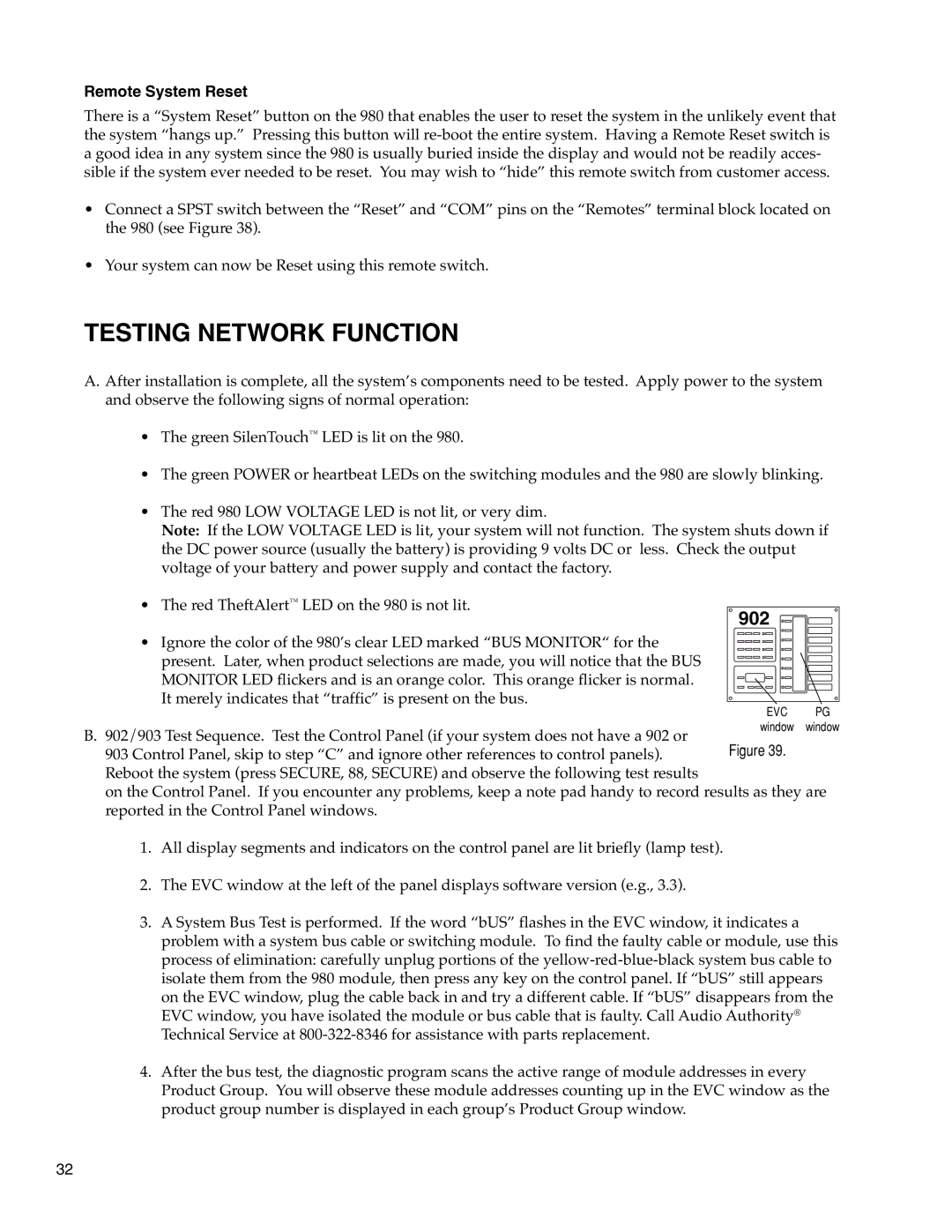 Audio Authority Car Audio System installation manual Testing Network Function, 902, Remote System Reset 