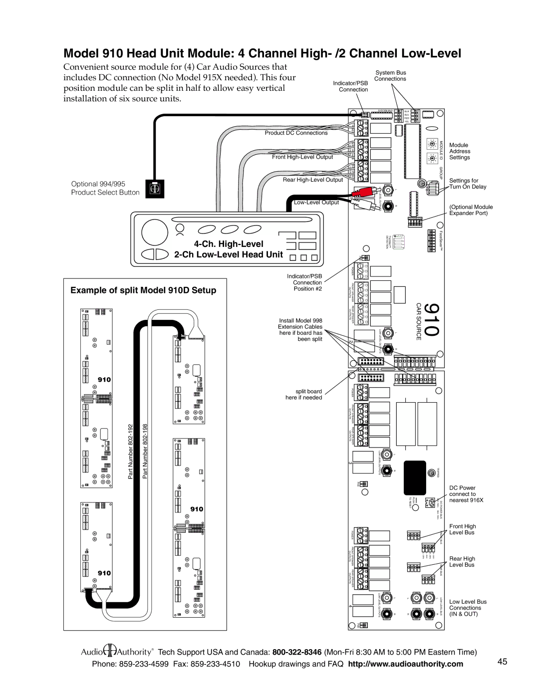 Audio Authority Car Audio System Ch. High-Level 2-Ch Low-Level Head Unit, Example of split Model 910D Setup 