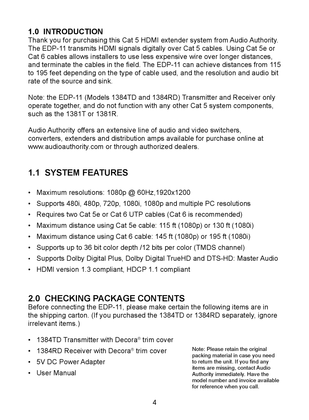 Audio Authority EDP-11 user manual System Features, Checking Package Contents 