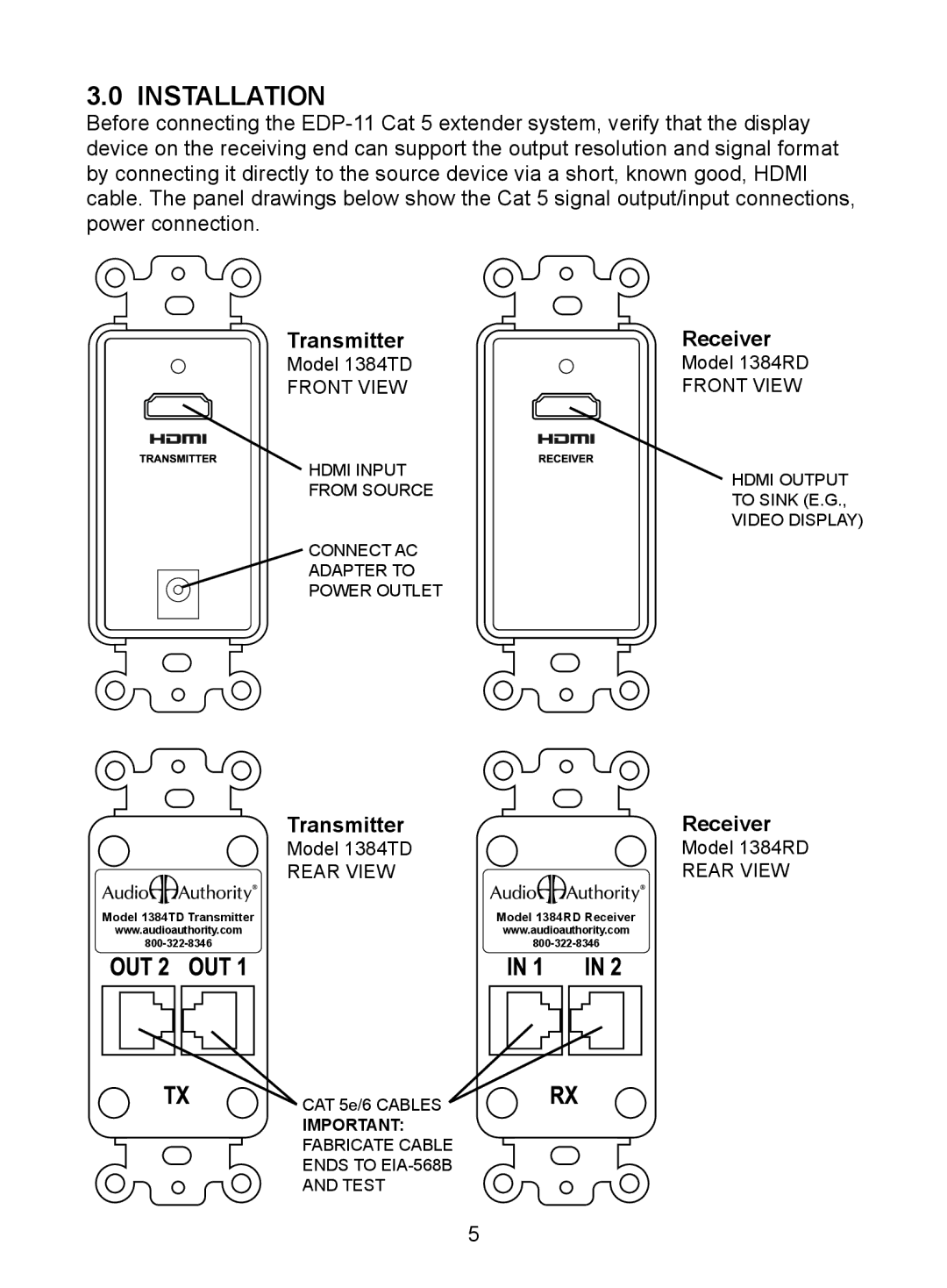 Audio Authority EDP-11 user manual Installation, Transmitter Receiver 