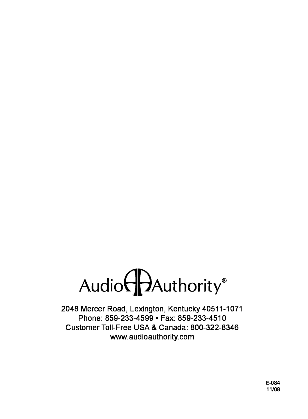 Audio Authority EDP-11 user manual Mercer Road, Lexington, Kentucky Phone 859-233-4599 Fax, Customer Toll-Free USA & Canada 