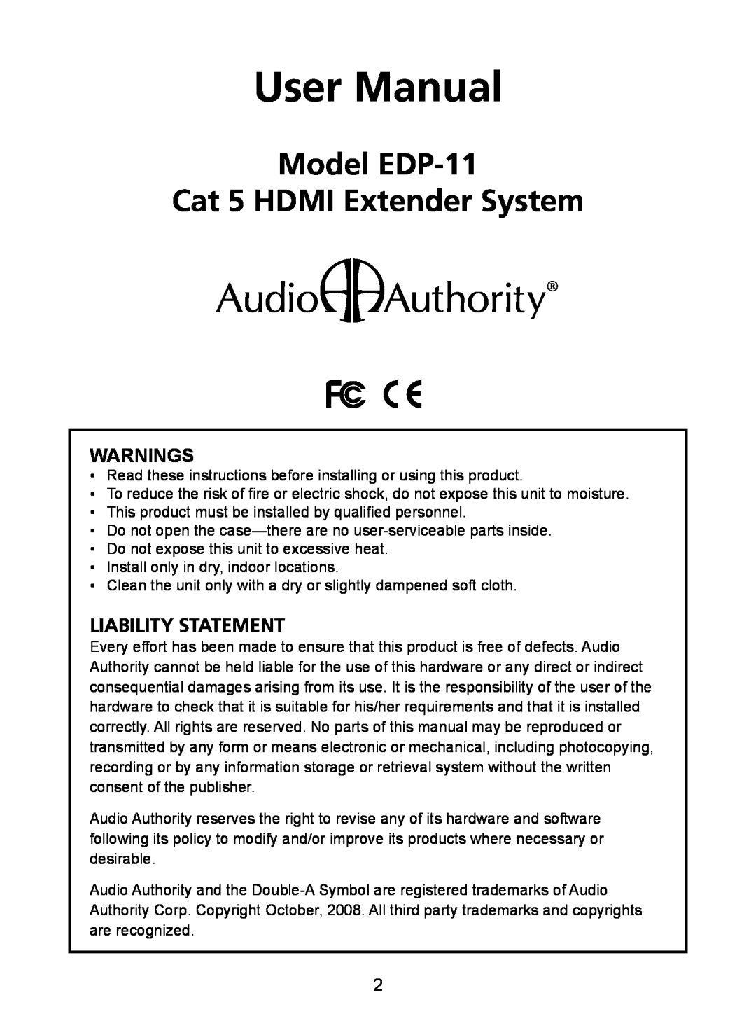 Audio Authority user manual Warnings, Liability Statement, User Manual, Model EDP-11 Cat 5 HDMI Extender System 