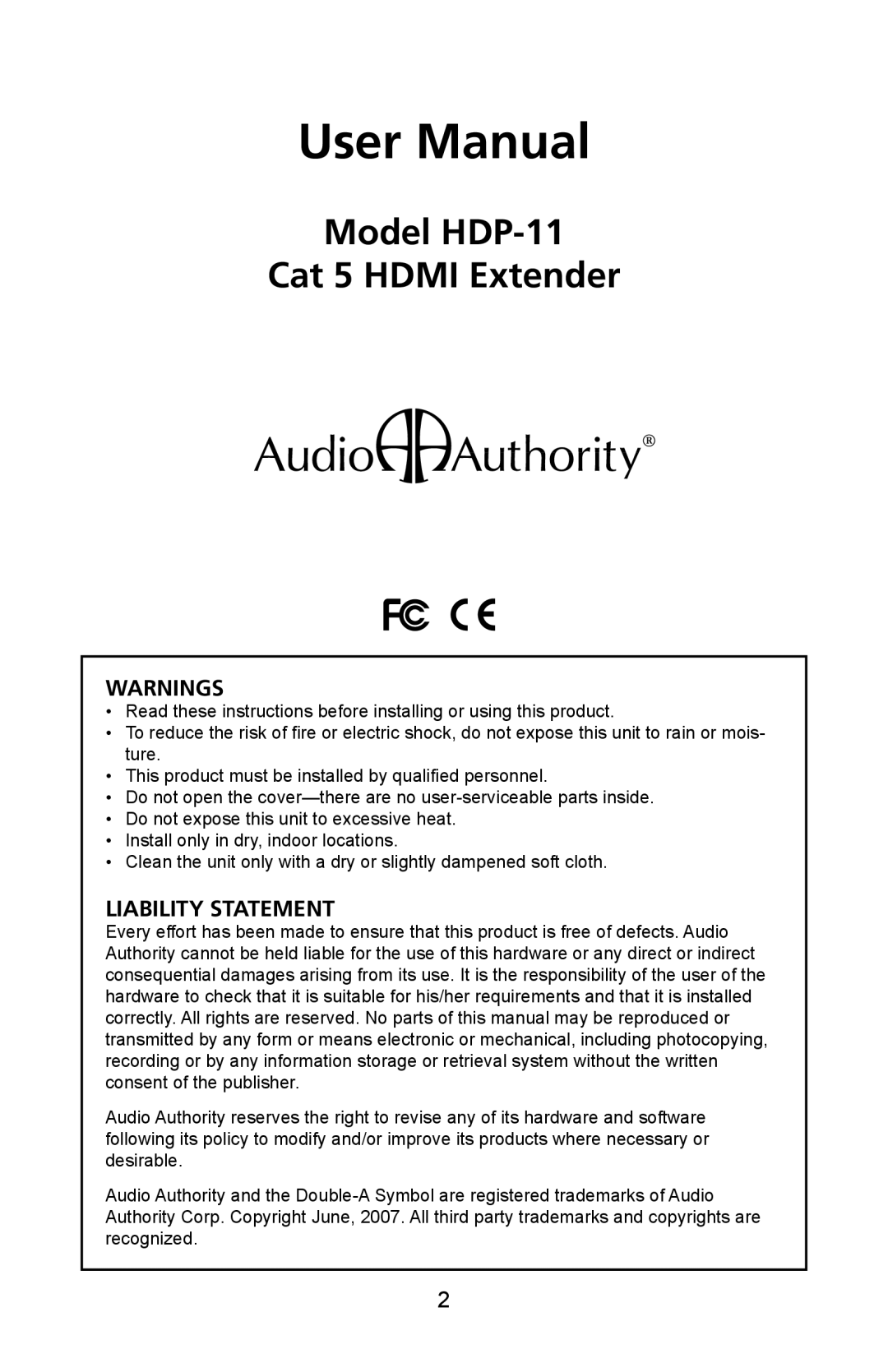 Audio Authority HDP-11 user manual Liability Statement 