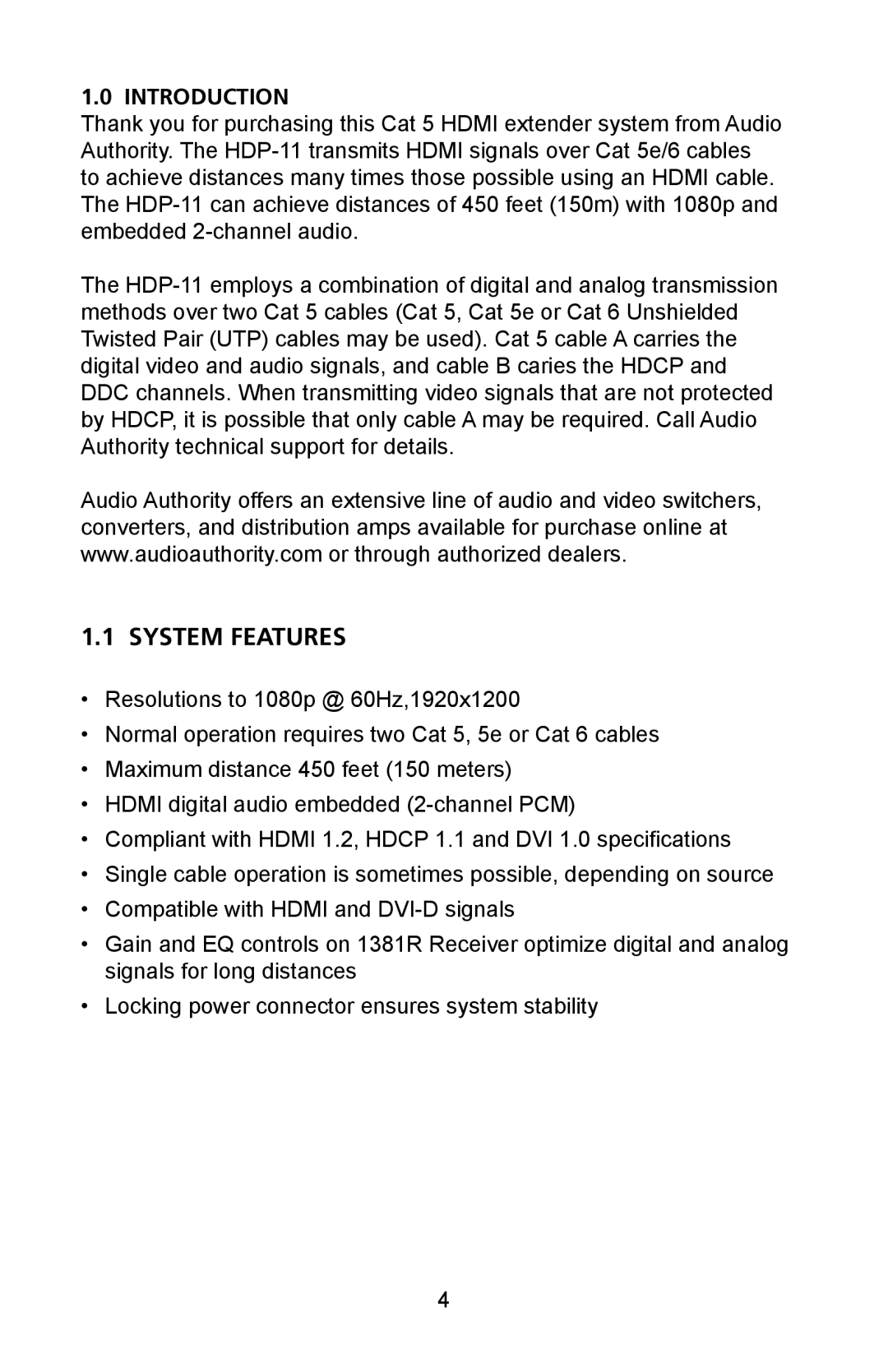 Audio Authority HDP-11 user manual System Features, Introduction 