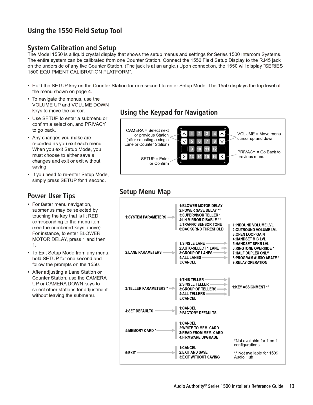 Audio Authority Series 1500 manual Using the Keypad for Navigation, Power User Tips Setup Menu Map 