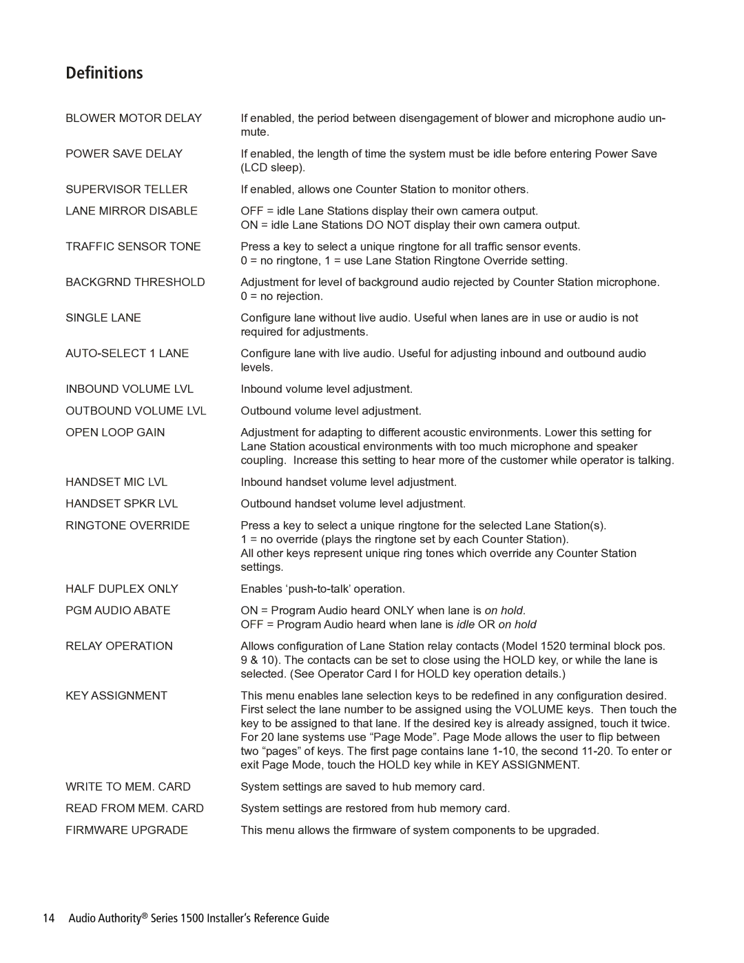 Audio Authority Series 1500 manual Definitions 