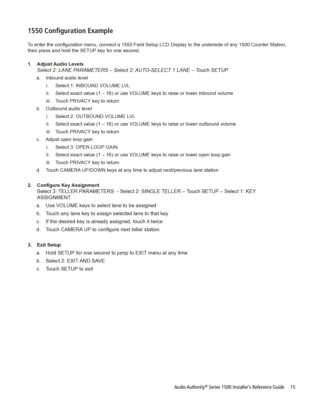 Audio Authority Series 1500 manual Configuration Example, Adjust Audio Levels 