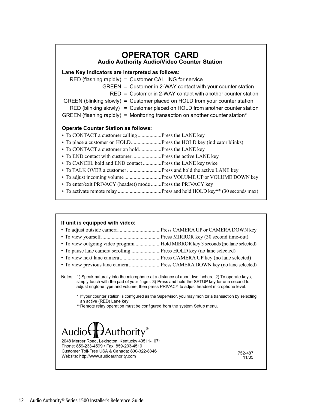 Audio Authority Series 1500 manual Operator Card 