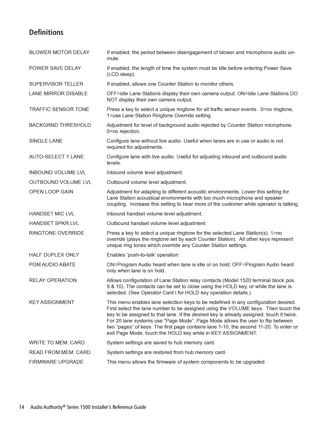 Audio Authority Series 1500 manual Definitions 